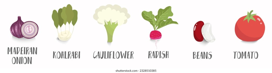 Vector vegetables icons set in cartoon style. Collection farm product for restaurant menu, market label.