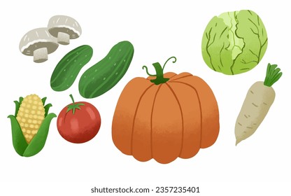 Vector vegetables icons set in cartoon style. Collection farm product for restaurant menu, market label.