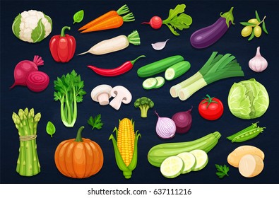 Vector vegetables icons set in cartoon style. Collection farm product for restaurant menu, market label.