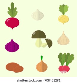 Vector vegetables icons set in cartoon style. Collection farm product for restaurant menu, market label. Flat design.