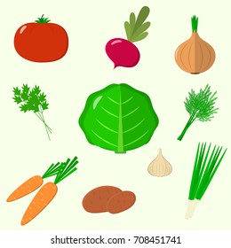 Vector vegetables icons set in cartoon style. Collection farm product for restaurant menu, market label. Flat design.