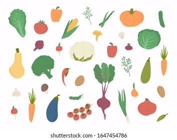 Vector vegetables icons set. Collection farm product for restaurant menu, market label.