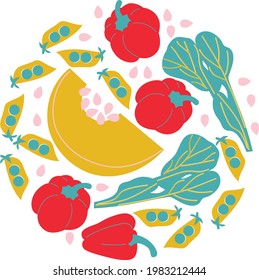 Ilustración de vegetales vectoriales. Marco circular con iconos de vegetales. Ilustración conceptual para comestibles, tiendas agrícolas, embalaje y publicidad.
