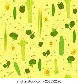 vector vegetables illustration on vector paper yellow background. green vegetables illustration, vegan food seamless vector pattern.