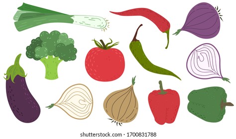 Vector vegetables illustrations isolated on white background in hand drawn doodle style.