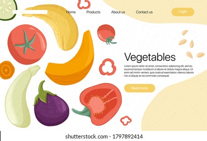 Vector vegetables landing page template with text space. Tomatoes, peppers, pumpkin, zucchini, eggplant cartoon illustration. Healthy organic vegetable slices and leaves webpage design.