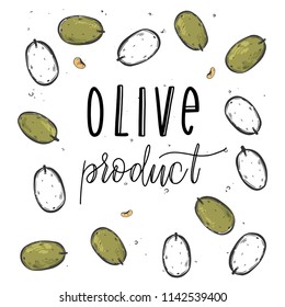 Vector vegetables olive in a realistic sketch style. Healthy food, natural product, vegetable farm, vegan food, sports nutrition. Vintage illustration. Color and black line. Text