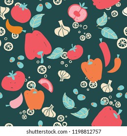 Vector vegetables on dark background seamless pattern background. Perfect for crafting projects, quilting, scrapbooking and other paper ideas