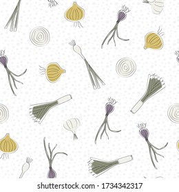 Vegetales Vectores Onions Garlic Shallots Leeks sobre el patrón de repetición sin foco blanco. Antecedentes para textiles, tarjetas, manufactura, papel pintado, envoltura de regalo y reserva de chatarra.