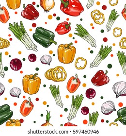 Vector vegetables pattern isolated on white background. Onion, pepper and dots.