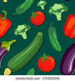 Vector vegetables pattern on green background. Broccoli, tomato, eggplant and pepper