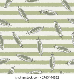 Vector Vegetables Peas and Peapods on Beige and Green Stripes Seamless Repeat Pattern. Background for textiles, cards, manufacturing, wallpapers, print, gift wrap and scrapbooking.