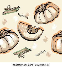 Vector vegetables pumpkin peas. Background for textiles, napkins, restaurant, kitchen