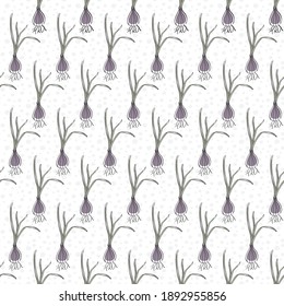 Vegetales vectoriales chalotes púrpura sobre patrón de repetición sin foco blanco. Antecedentes para textiles, tarjetas, manufactura, papel pintado, envoltura de regalo y reserva de chatarra.