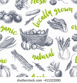 Vector vegetables retro seamless pattern. Vintage Illustration. Organic food sketch