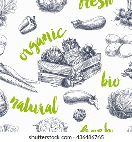 Vector vegetables retro seamless pattern. Vintage Illustration. Organic food sketch
