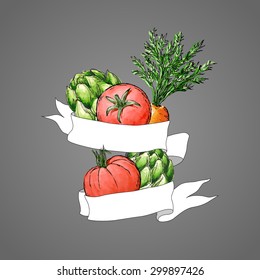 Vector vegetables ribbon emblem design with hand drawn artichokes, tomatoes and carrots. 