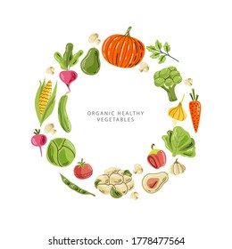 Vector vegetables in round composition with space for text. Bright illustration of healthy fresh food. Isolated design elements. Ideal for poster, banner, packaging and home decor. 