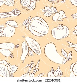 Vector Vegetables seamless pattern. Vegetables background. Lettuce, onions, garlic, asparagus, mushrooms, radishes, bell peppers, tomatoes, carrots, cucumbers, eggplant. Vintage wallpaper.