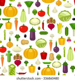 Vector vegetables seamless pattern background. Colorful template for cooking, restaurant menu and vegetarian food. Vegetables design elements and icons for web, stores, package and advertising 