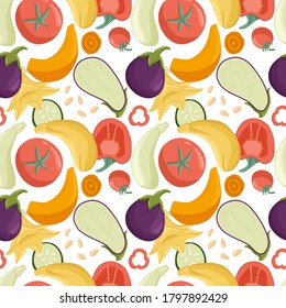 Vector vegetables seamless pattern in cartoon style. Bright tomatoes, bell peppers, zucchini, pumpkin, eggplants isolated on white background.