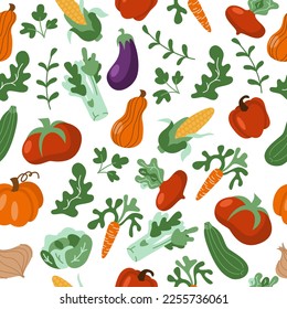 Vector vegetables seamless pattern in cartoon flat style. Collection farm locally grown product for restaurant menu, market label. Tomatoes, carrot, pepper, pumpkin, corn isolated on background