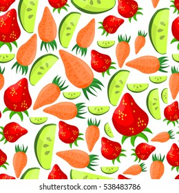Vector vegetables seamless pattern, colorful cartoon background, strawberry, cucumber, carrots