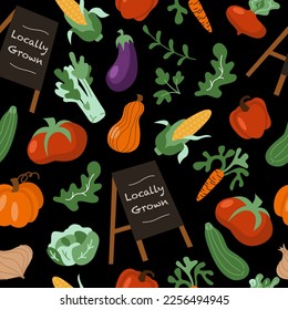 Vector vegetables seamless pattern in flat style. Collection farm locally grown product for restaurant menu, market label. Tomatoes, carrot, pepper, pumpkin, corn and plate isolated on background