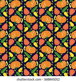 vector vegetables seamless pattern  in flat style with pattern with tomato, avocado, pumpkin  on dark background