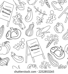 Vector vegetables seamless pattern in line art, outline style. Farm locally grown product for restaurant menu, market label. Tomatoes, carrot, pepper, pumpkin, corn and plate isolated background