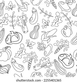 Vector vegetables seamless pattern in line art, outline style. Collection farm locally grown product for restaurant menu, market label. Tomatoes, carrot, pepper, pumpkin, corn isolated background