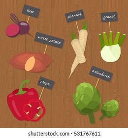 Vector Vegetables Set - beet, parsnip, fennel, sweet potato, pepper, artichoke