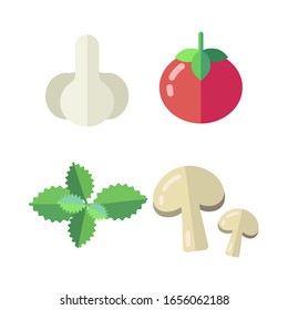 Vector vegetables set in flat design isolated on white background. Illustration of garlic, tomato, oregano leaf herb, champignon white mushrooms. Food icons for cooking healthy meal, menu, restaurant.