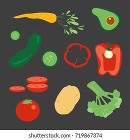 Vector vegetables set isolated on black, top view of sliced fresh vegetables in flat style.