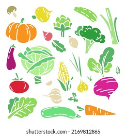 Vector vegetables set. Simple, primitive icon organic collection. Tomato, cabbage, onion, cucumber, broccoli, corn, pumpkin, carrot, greenery colorful hand drawn elements.