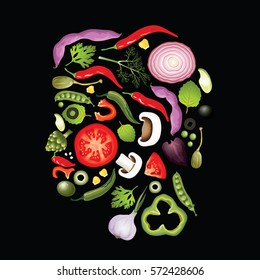Vector vegetables in the shape of the head profile. The idea formenu of a vegetarian raw food restaurant or healthy lifestyle infographics. Unusual concept.