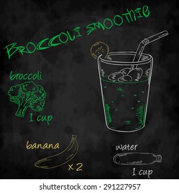 vector vegetables smoothie with ingredients list. Broccoli, banana, water