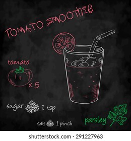 vector vegetables smoothie with ingredients list. tomato, sugar, salt, parsley