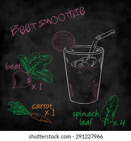 vector vegetables smoothie with ingredients list. Beet, carrot, spinach