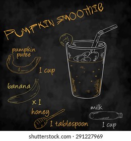 vector vegetables smoothie with ingredients list. Pumpkin, banana, honey, milk.