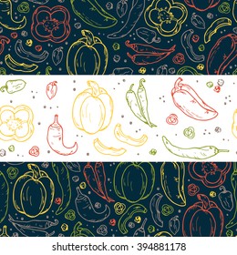 Vector Vegetables and Spices.  Pepper Horizontal seamless border and Seamless background. Hand drawn doodle: bell pepper, chili pepper, hot pepper, peppercorns.