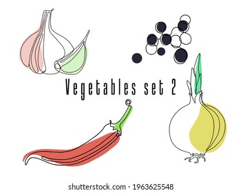 Vector Vegetables spices set. Line art, linear. Garlic, peppercorns, chili pepper, onion white background. Outline isolated logo for food vegetable design.