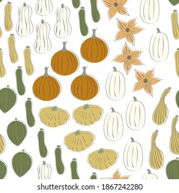 Vector Vegetables Squash Pumpkins in Orange Green Yellow White Scattered on White Seamless Repeat Pattern. Background for textiles, cards, manufacturing, wallpapers, print, gift wrap and scrapbooking.