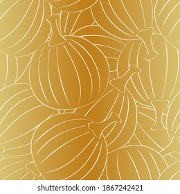 Vektor Gemüse Squash Kürbis in gelben Umrissen auf orangefarbenem Hintergrund Nahtlose Wiederholung Muster. Hintergrund für Textilien, Karten, Herstellung, Wallpaper, Druck, Geschenkpackung