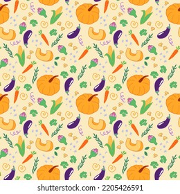 Vector vegetables, stars and decorative elements in cartoon style seamless pattern