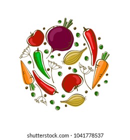 Vector vegetables: tomato, carrot, peppers, onion and leaves. Design menu card for vegetarians, logo vegan shop. EPS10