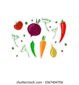 Vector vegetables: tomato, carrot, peppers, onion and leaves. Design menu card for vegetarians, logo vegan shop. EPS10