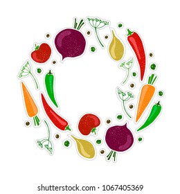 Vector vegetables: tomato, carrot, peppers, onion and leaves. Design menu card for vegetarians, logo vegan shop. EPS10