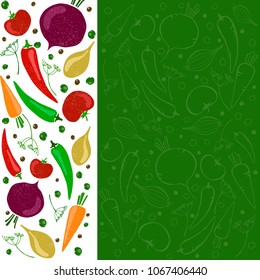 Vector vegetables: tomato, carrot, peppers, onion and leaves. Design menu card for vegetarians, logo vegan shop. EPS10