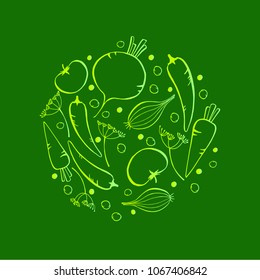 Vector vegetables: tomato, carrot, peppers, onion and leaves. Design menu card for vegetarians, logo vegan shop. EPS10